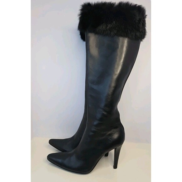 Valerie Stevens knee high black leather stiletto fur top boots Alegria 1 Sz 8 M - Picture 4 of 12